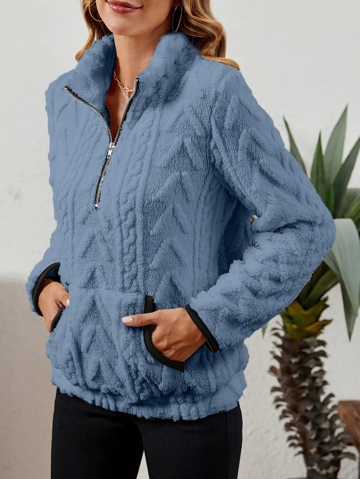 Textured Women's Half Zip Pullover Kangaroo Pocket-Women's Sweaters-Bellmaren-Burgundy-S-My Store