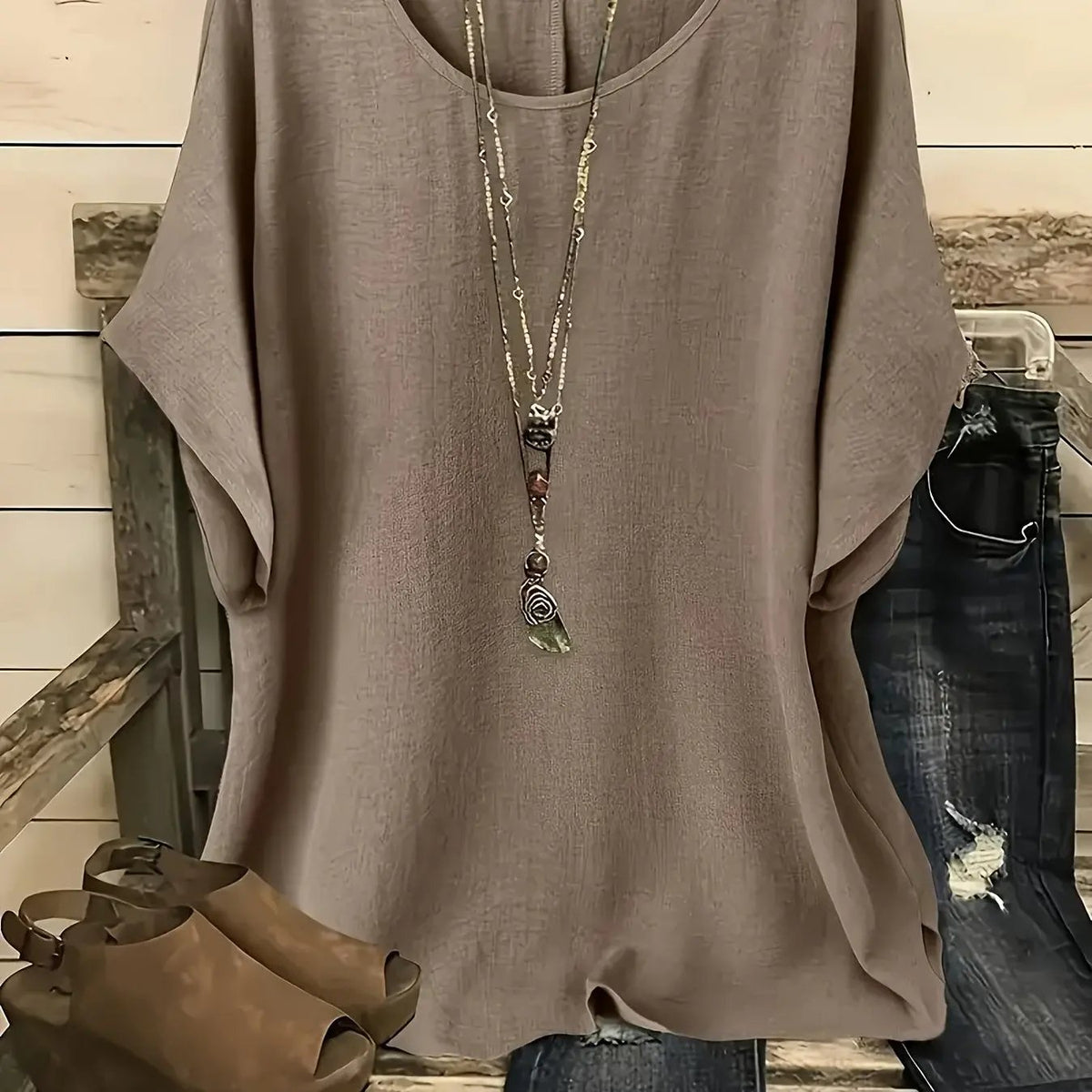 Women's Flowy Batwing Blouse With Rounded Neck-Women's Tops-Bellmaren-Khaki-S-My Store