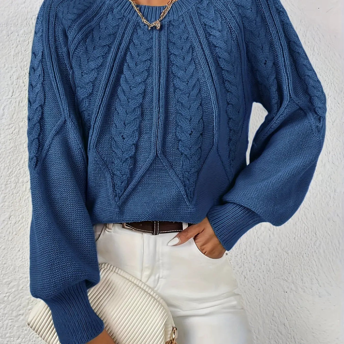 Women's Cable Knit Round Neck Sweater with Raglan Sleeves-Women's Sweaters-Bellmaren-Navy-S-My Store