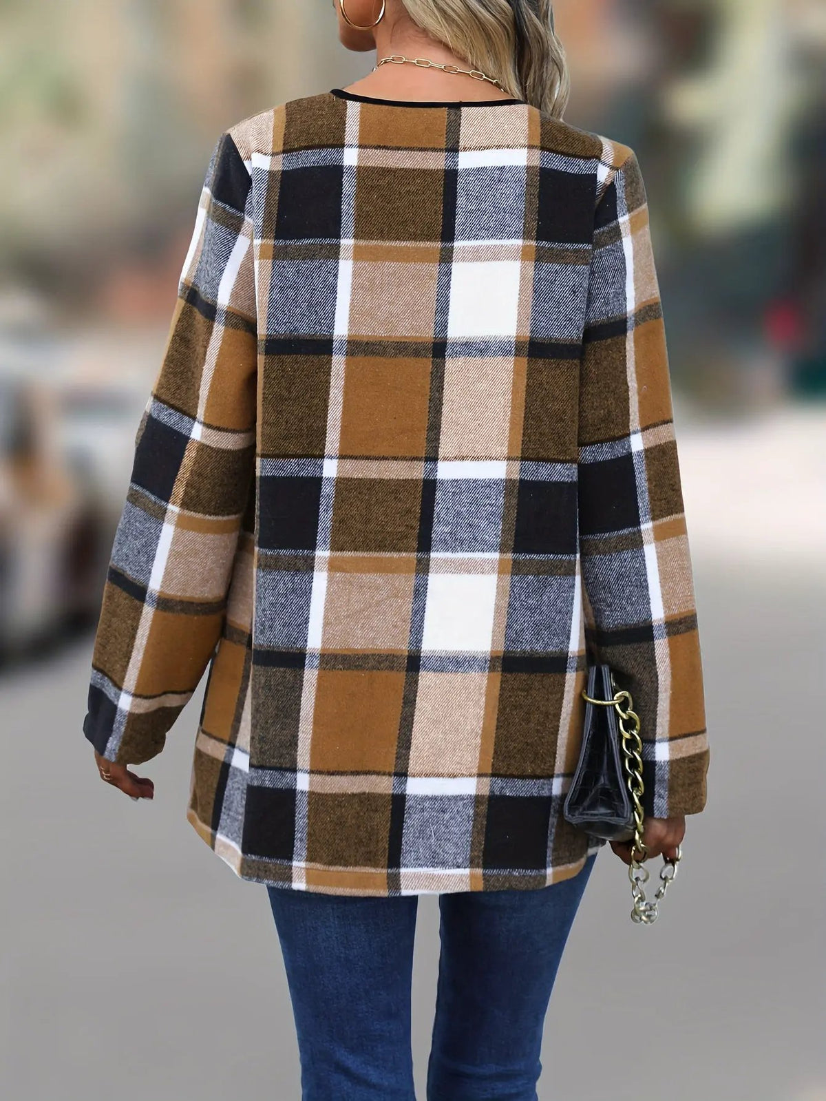 Women's Draped Check Jacket Open Front Relaxed Fit-Women's Coats & Jackets-Bellmaren-Camel & Navy Plaid-S-My Store