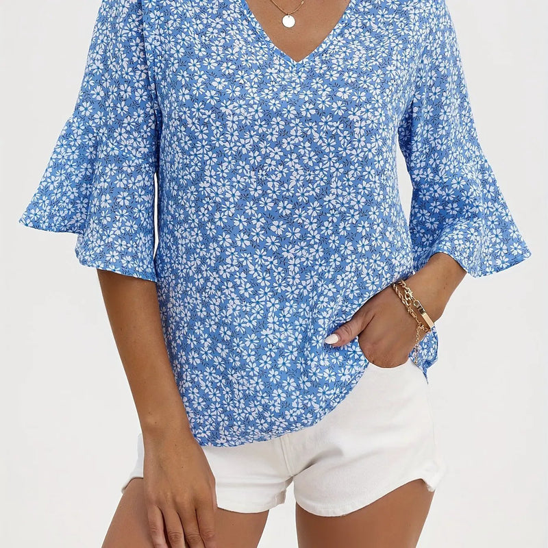 Women's Floral Ruffle Sleeve Blouse – V-Neck Relaxed Fit