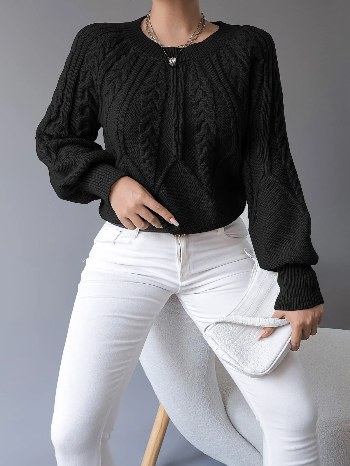 Women's Classic Cable-Knit Lantern-Sleeve Pullover Jumper-Women's Sweaters-Bellmaren-Khaki-S-My Store