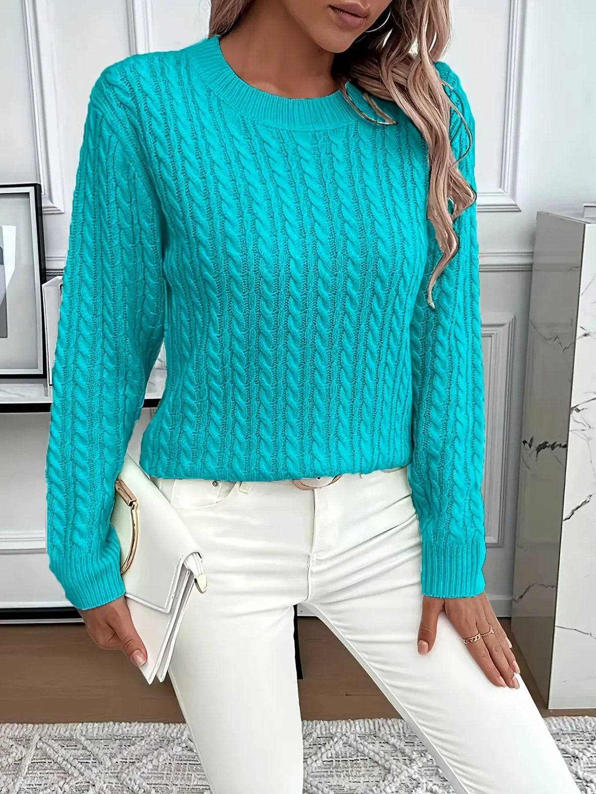 Women's Cable Knit Round Neck Jumper Relaxed Silhouette-Women's Sweaters-Bellmaren-Light Green-S-My Store