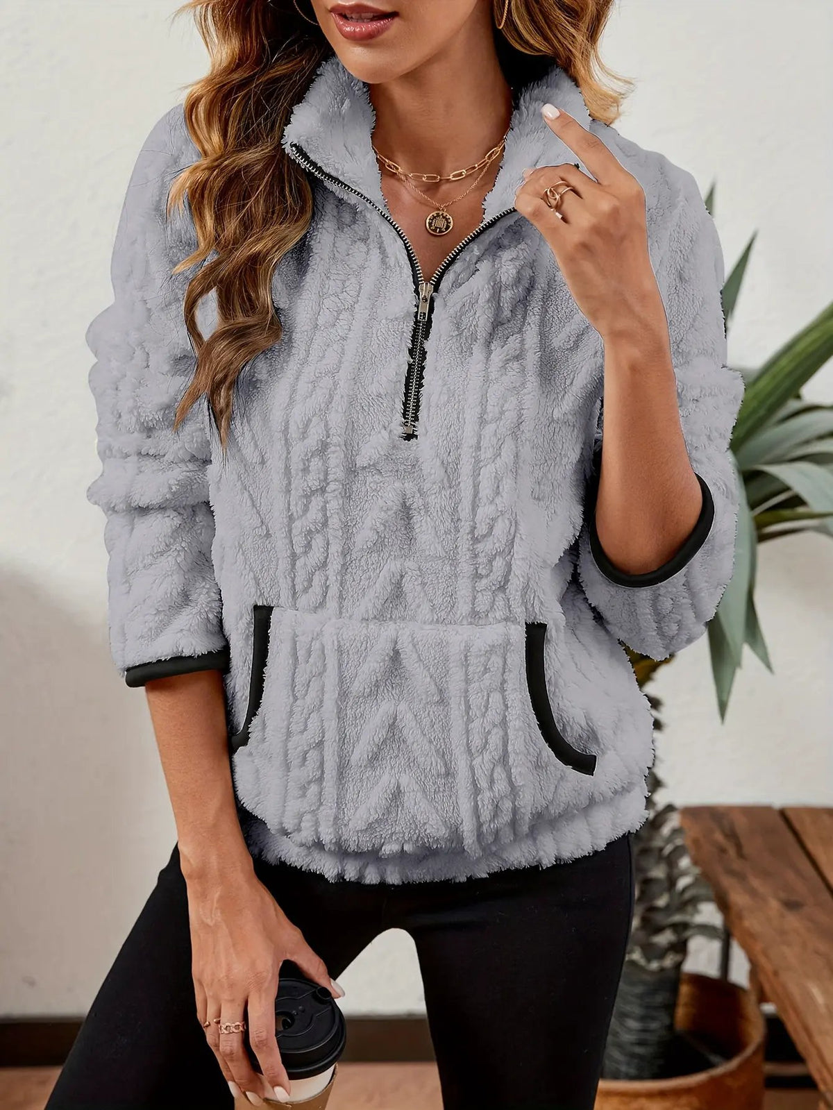 Textured Women's Half Zip Pullover Kangaroo Pocket-Women's Sweaters-Bellmaren-Burgundy-S-My Store