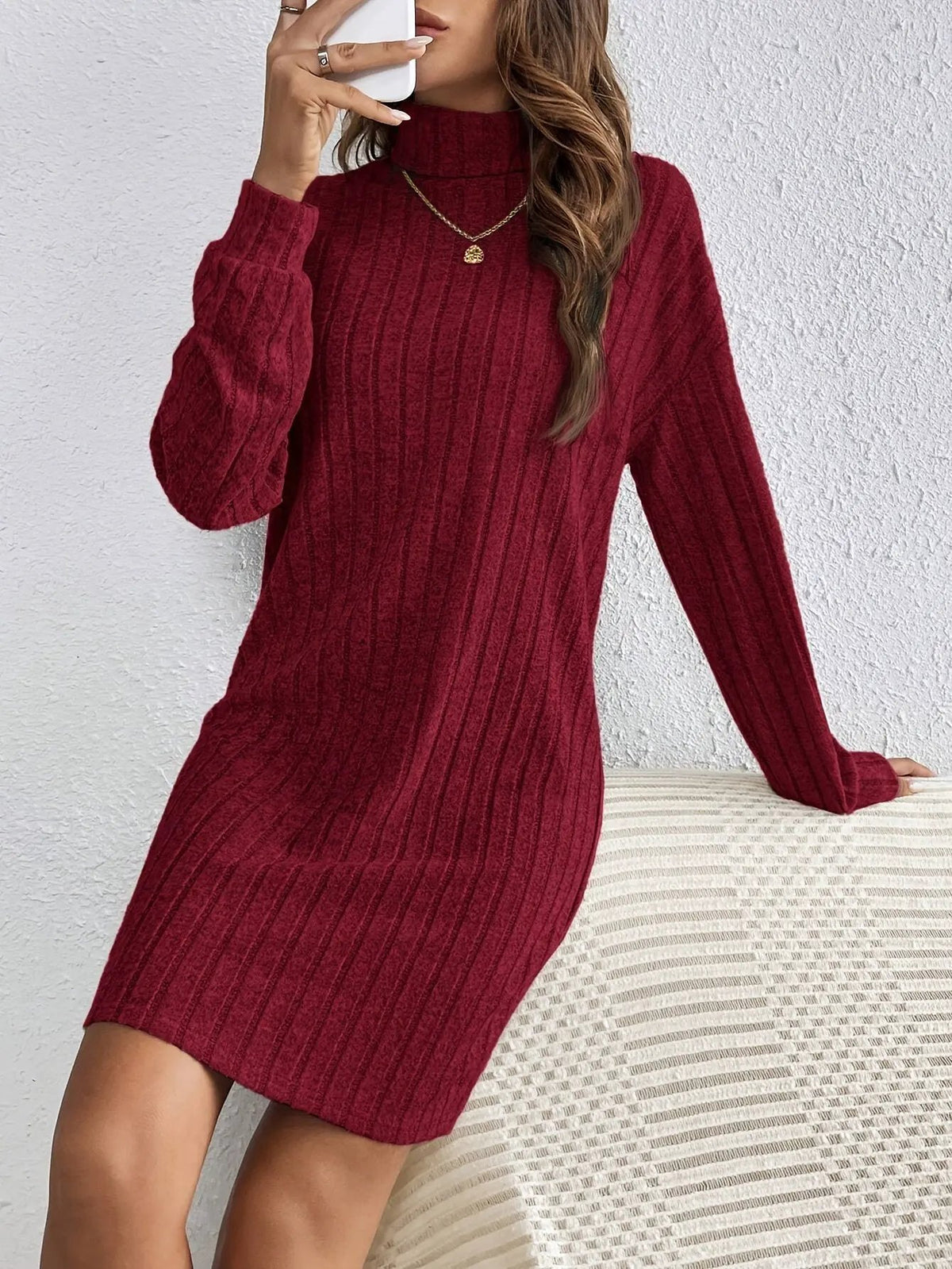 Women's Ribbed Turtleneck Sweater Dress Casual Layering-Women's Dresses-Bellmaren-Khaki-XS-My Store