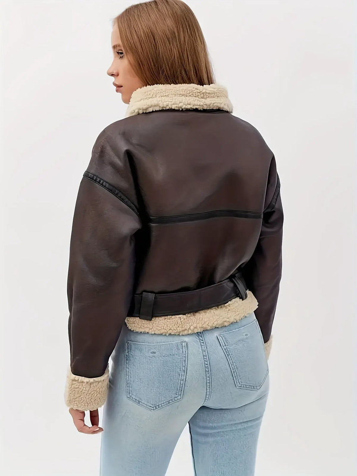 Women's Plush-Lined Cropped Moto Jacket With Zip Detail-Women's Outerwear-Bellmaren-Coffee Brown-XS-My Store