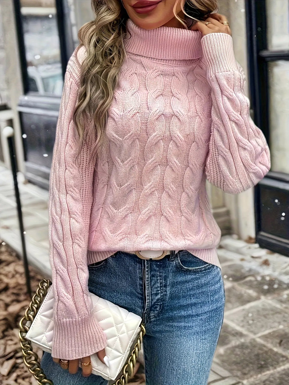 Women's Cable Knit Turtleneck Jumper in Relaxed Fit-Women's Sweaters-Bellmaren-Red-S-My Store