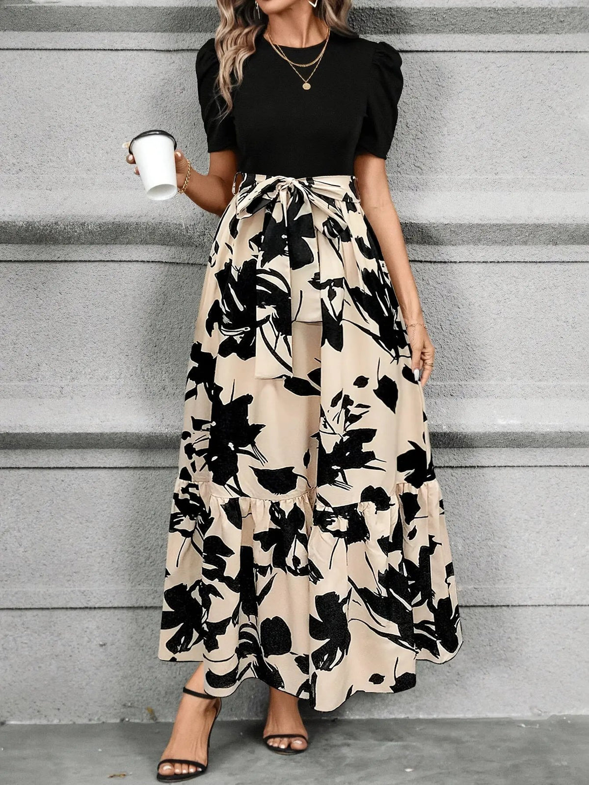 Women's Printed Tiered Maxi Dress with Tie Waist-Women's Dresses-Bellmaren-Green Black-XS-My Store