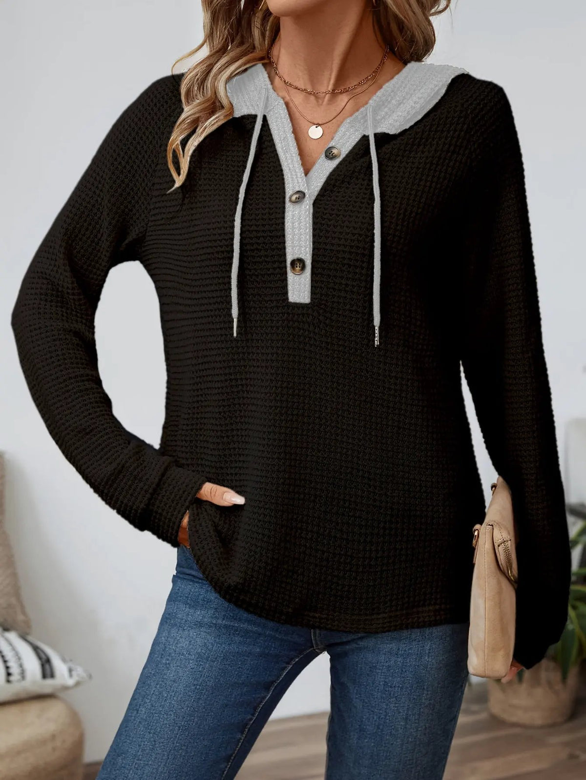 Women's Relaxed Waffle Hooded Top - Contrast Hood-Women's Hoodies-Bellmaren-Black-S-My Store