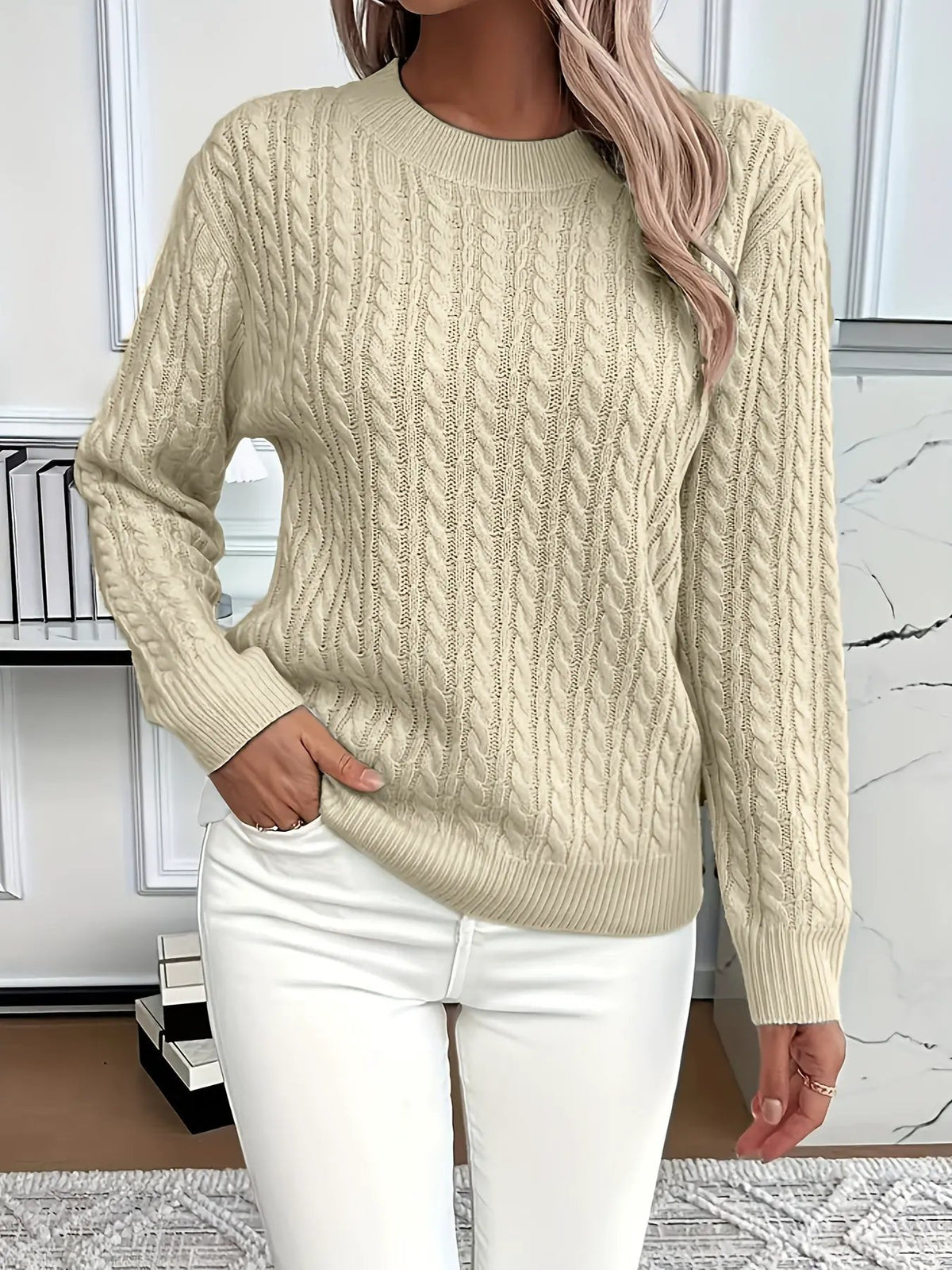 Women's Cable Knit Round Neck Jumper Relaxed Silhouette-Women's Sweaters-Bellmaren-Light Green-S-My Store