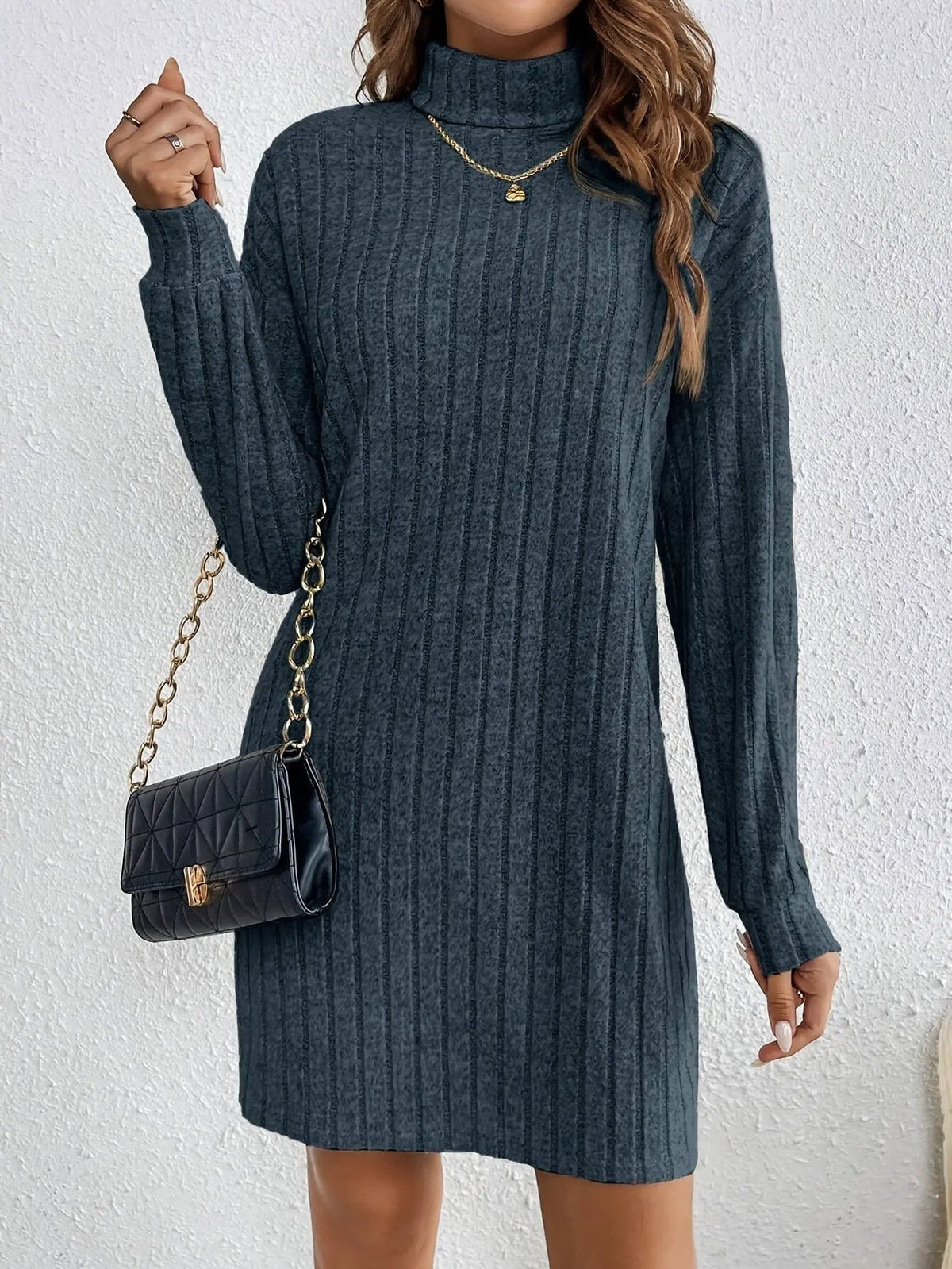 Women's Ribbed Turtleneck Sweater Dress Casual Layering-Women's Dresses-Bellmaren-Khaki-XS-My Store