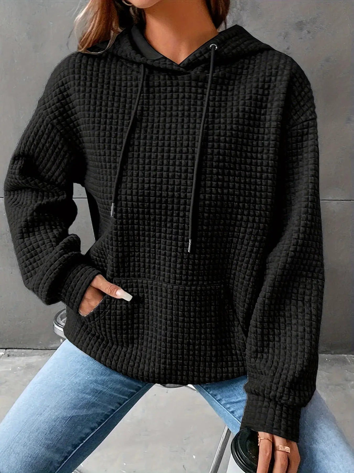 Women's Textured Hooded Top With Front Pouch-Women's Hoodies-Bellmaren-Burgundy-XL-My Store