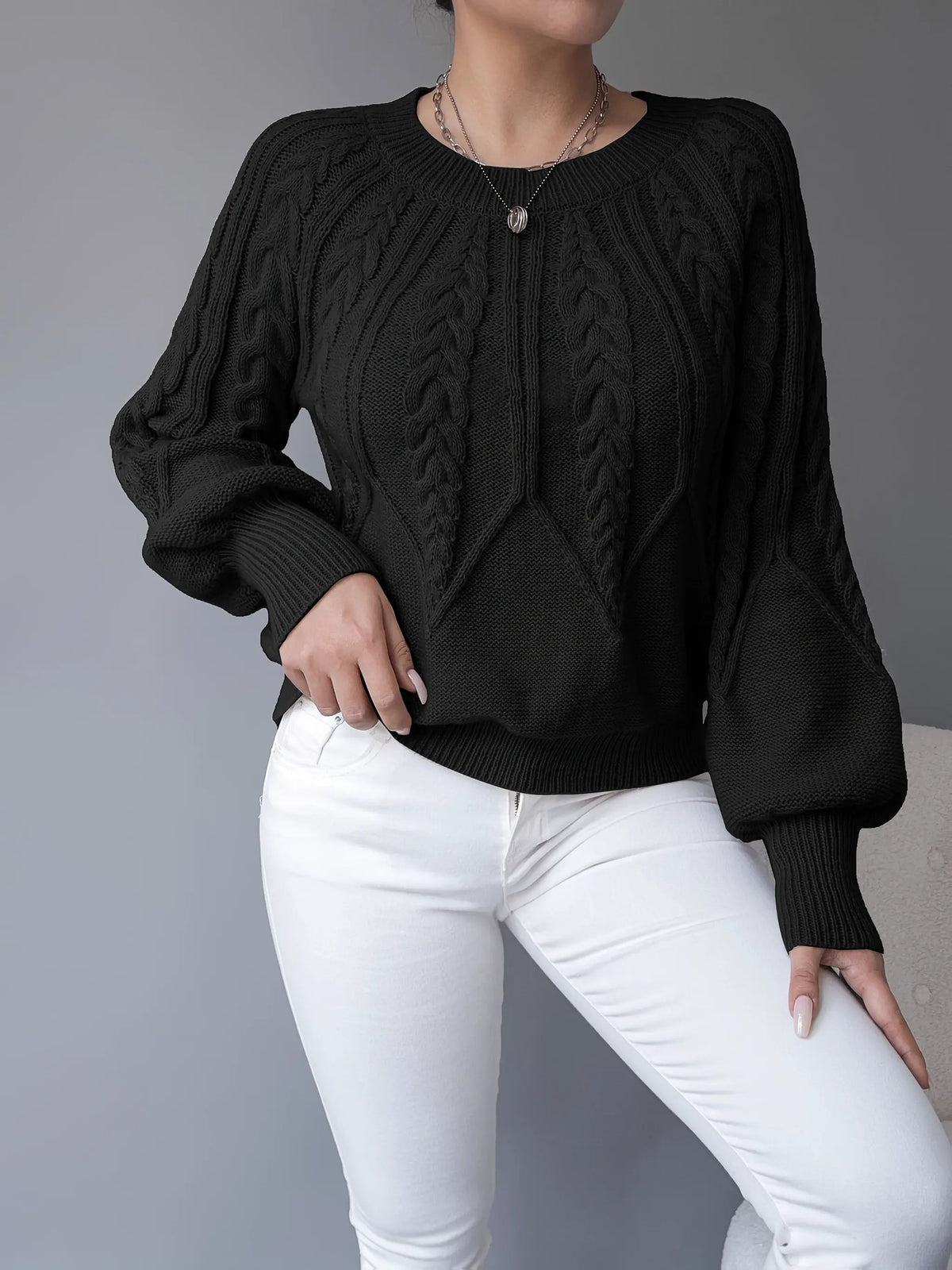 Women's Classic Cable-Knit Lantern-Sleeve Pullover Jumper-Women's Sweaters-Bellmaren-Black-S-My Store