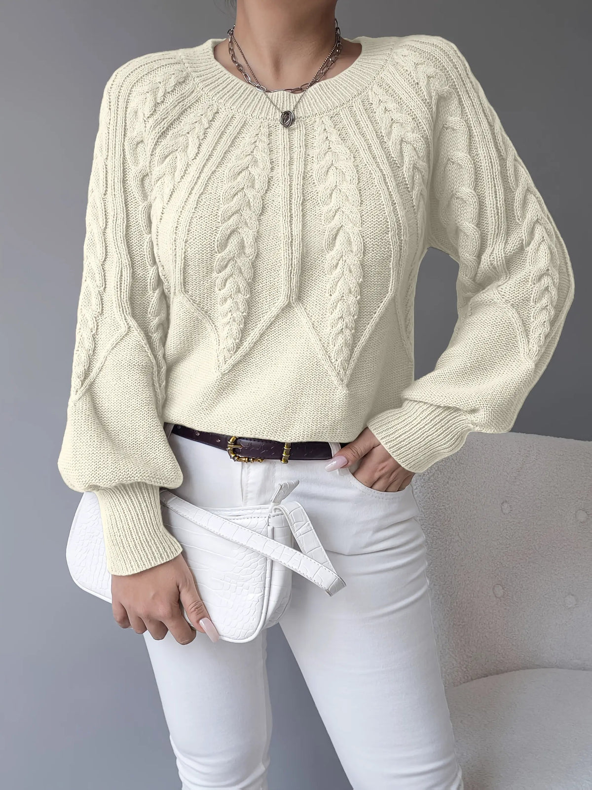 Women's Classic Cable-Knit Lantern-Sleeve Pullover Jumper-Women's Sweaters-Bellmaren-Khaki-S-My Store