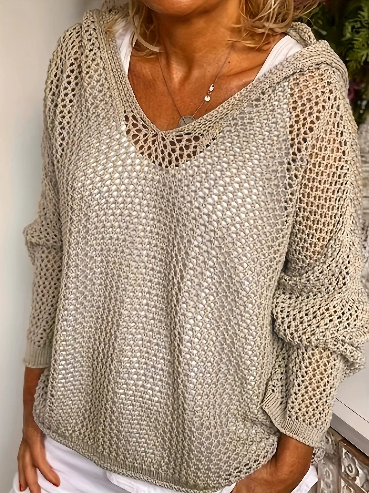 Women's Relaxed Open-Knit Hooded Sweater by Bellmaren