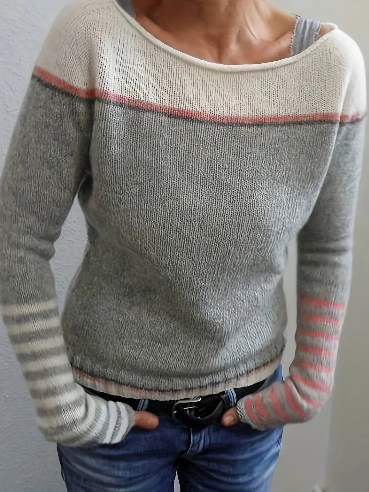 Women's Colour-Block Boat Neck Sweater With Relaxed Fit by Bellmaren