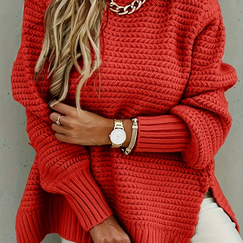 Women's Textured Jumper – High-Low Hem, Half-High Collar