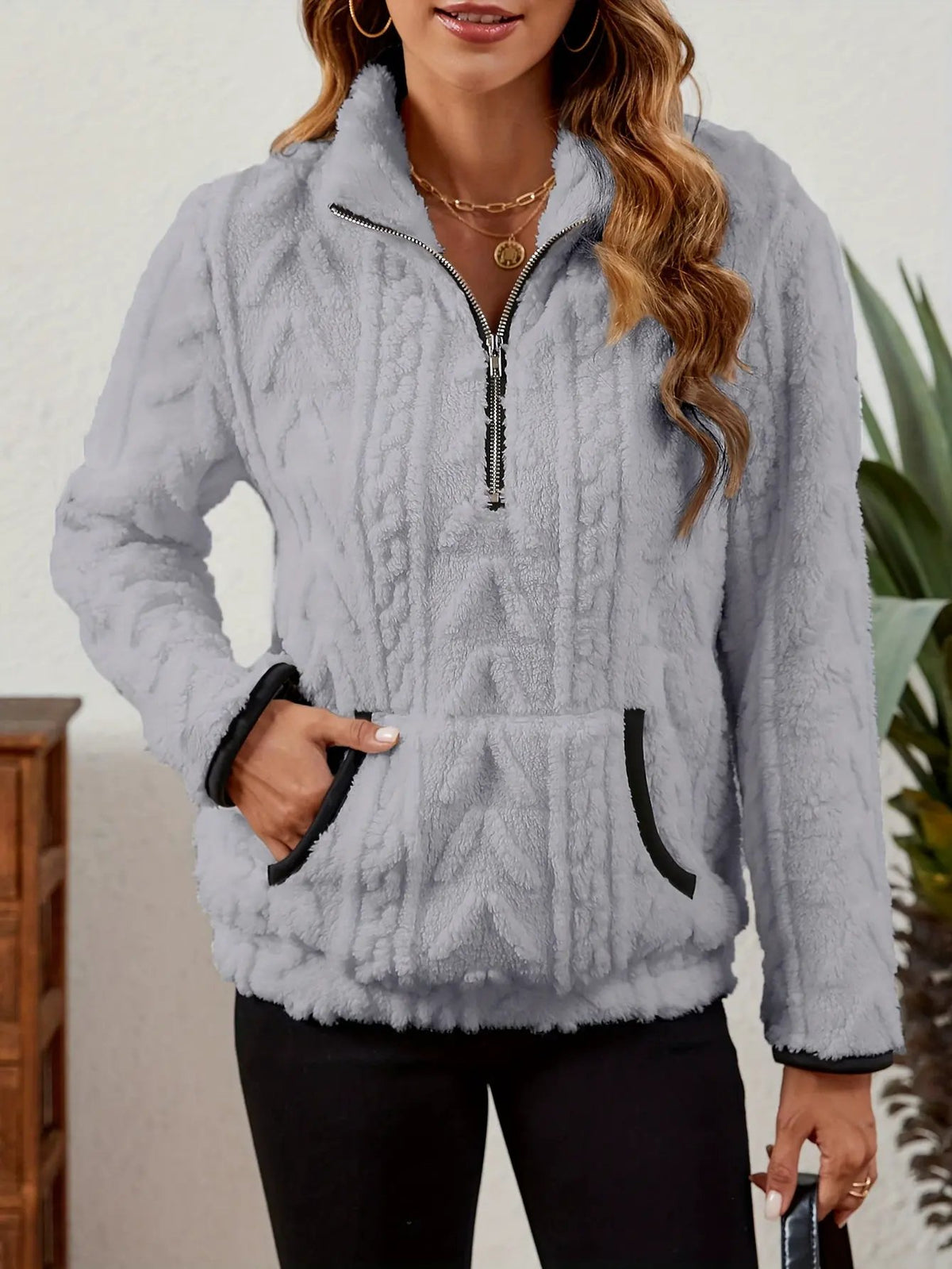 Textured Women's Half Zip Pullover Kangaroo Pocket-Women's Sweaters-Bellmaren-Burgundy-S-My Store