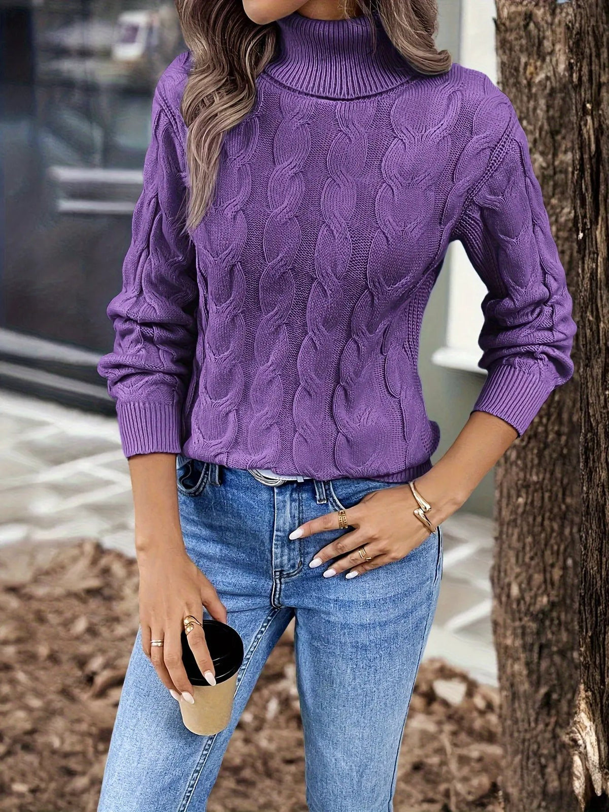 Women's Cable Knit Turtleneck Jumper in Relaxed Fit-Women's Sweaters-Bellmaren-Red-S-My Store