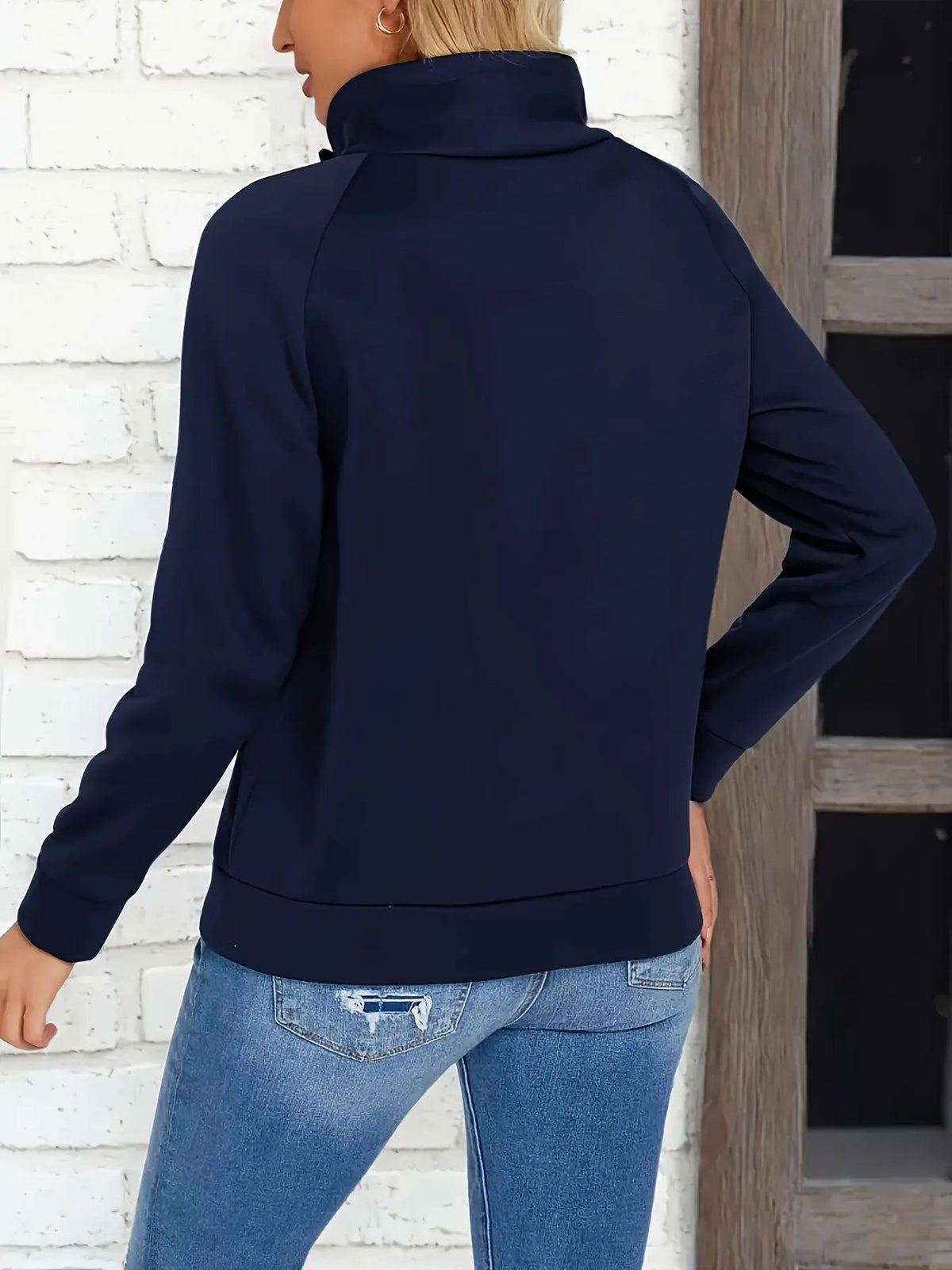 Women's Stand Collar Sweatshirt with Side Button Detail-Women's Sweatshirts-Bellmaren-Navy-S-My Store