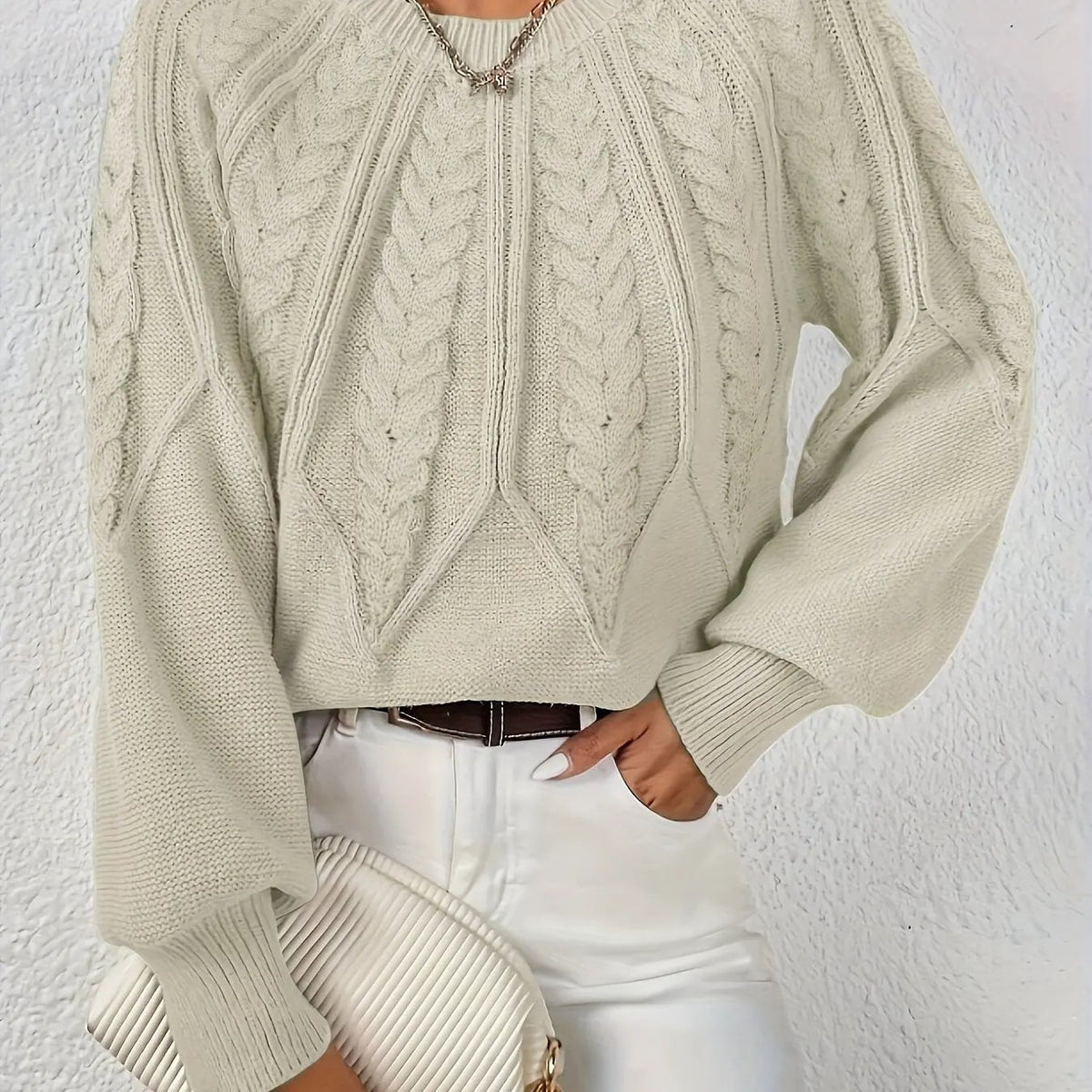 Women's Cable Knit Round Neck Sweater with Raglan Sleeves-Women's Sweaters-Bellmaren-Beige-S-My Store