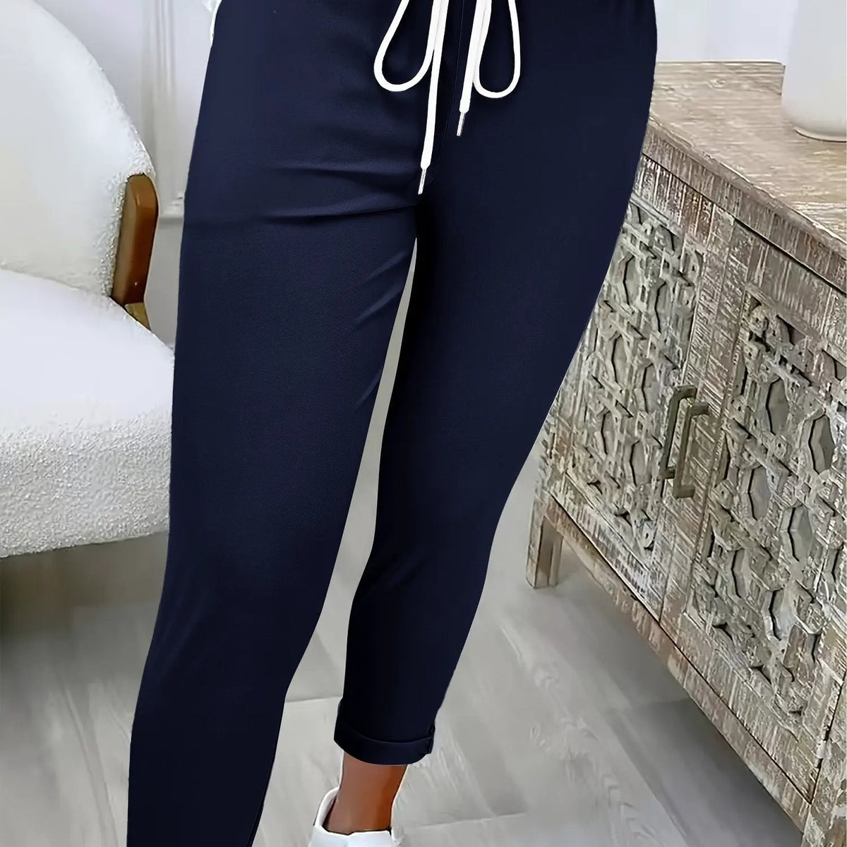 Women's Relaxed Drawstring Tapered Trousers-Women's Trousers-Bellmaren-Navy-S-My Store
