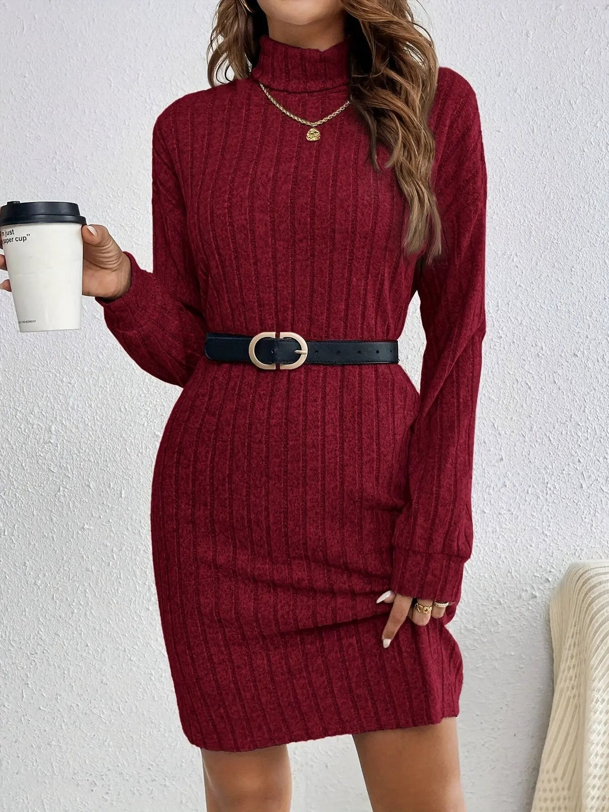 Women's Ribbed Turtleneck Sweater Dress Casual Layering-Women's Dresses-Bellmaren-Khaki-XS-My Store