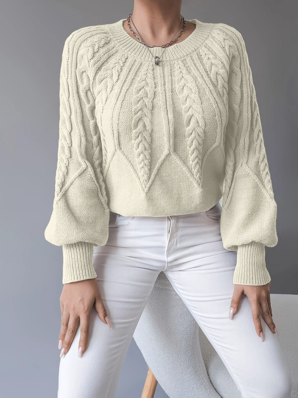 Women's Classic Cable-Knit Lantern-Sleeve Pullover Jumper-Women's Sweaters-Bellmaren-Khaki-S-My Store