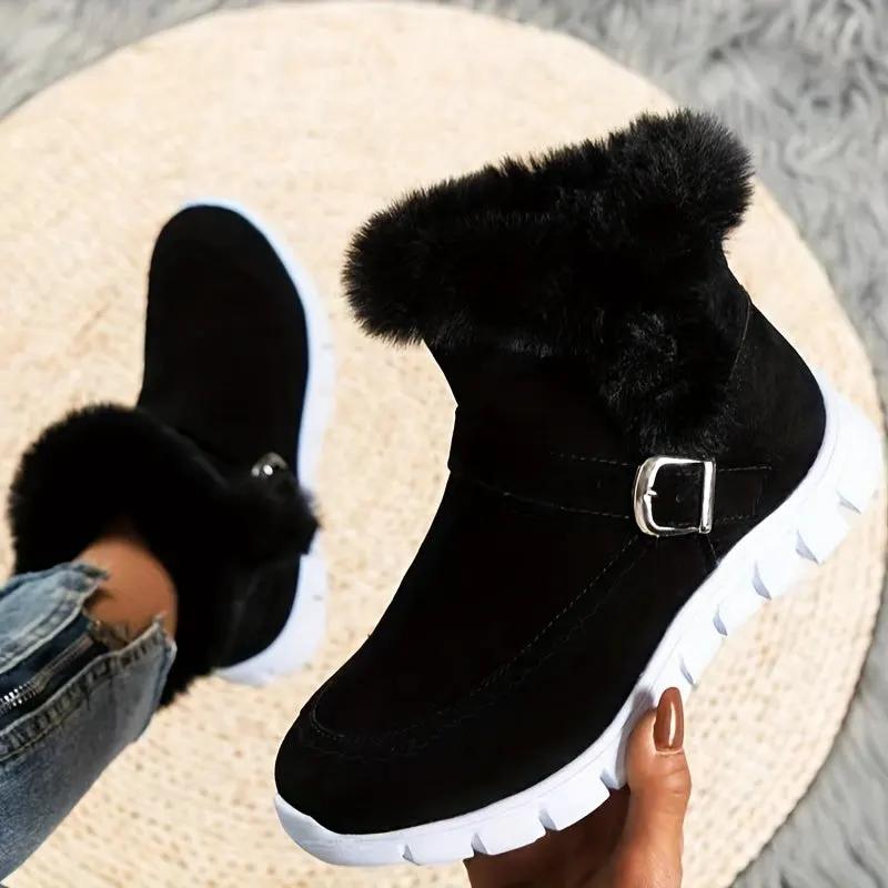 Women's Plush Lined Ankle Boots – Side Zip, Buckle Detail