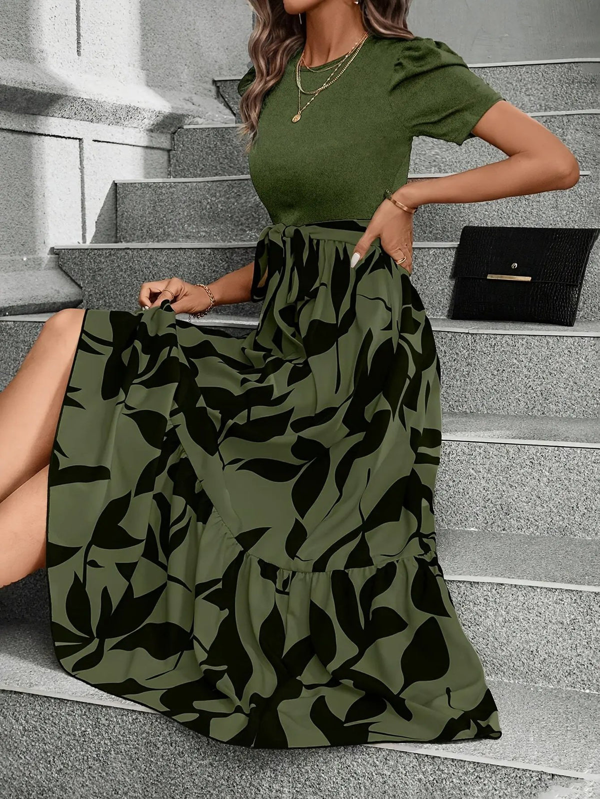 Women's Printed Tiered Maxi Dress with Tie Waist-Women's Dresses-Bellmaren-Green Black-XS-My Store