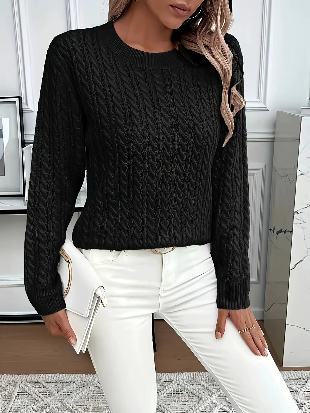 Women's Cable Knit Round Neck Jumper Relaxed Silhouette-Women's Sweaters-Bellmaren-Light Green-S-My Store
