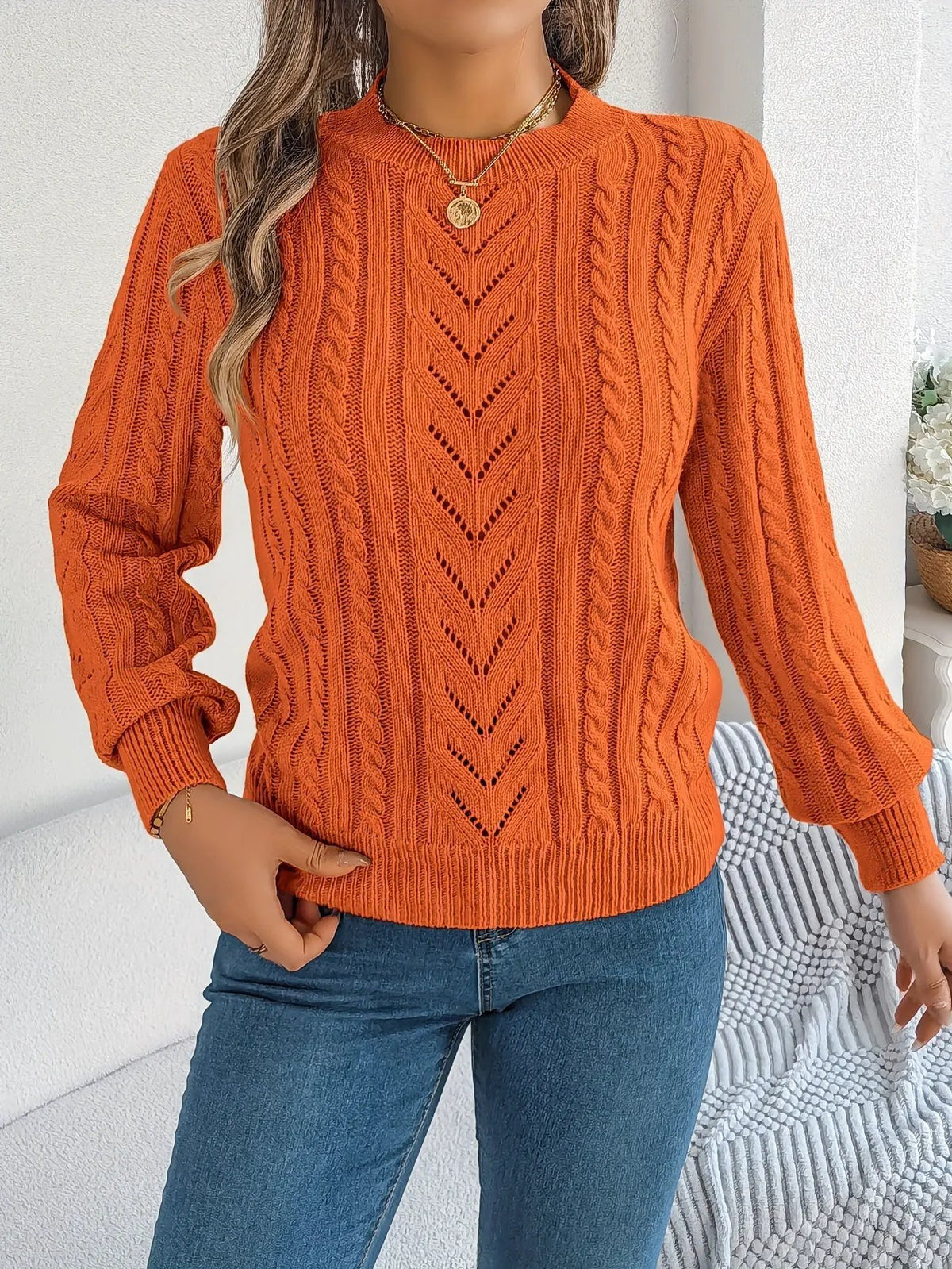 Women's Cable Knit Textured Sweater with Openwork Detailing-Women's Sweaters-Bellmaren-Khaki-S-My Store
