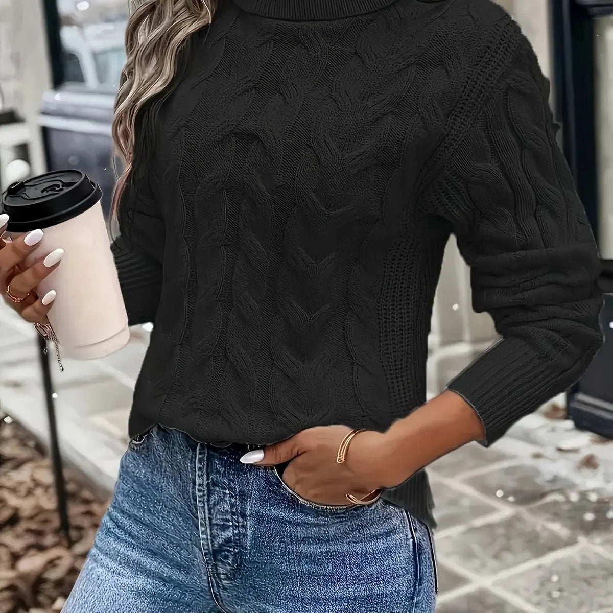 Women's Cable Knit Turtleneck Jumper in Relaxed Fit-Women's Sweaters-Bellmaren-Black-S-My Store