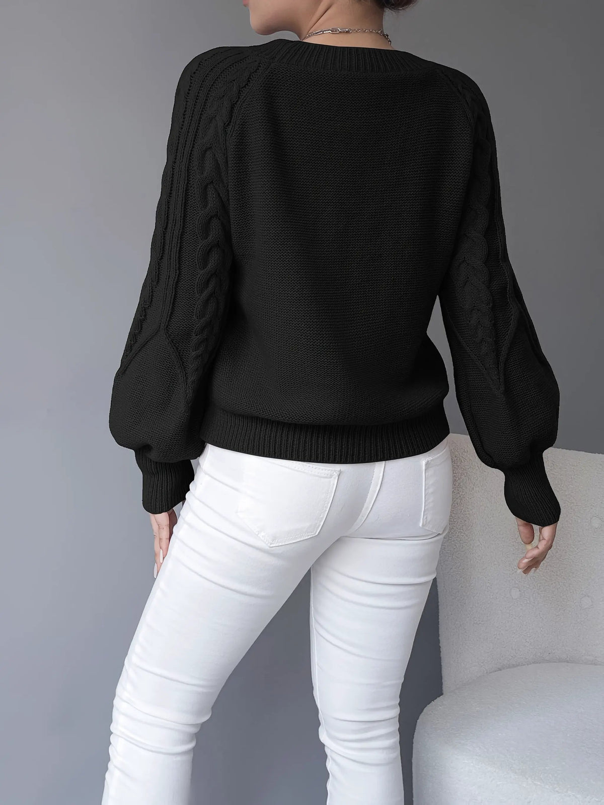 Women's Cable-Knit Lantern Sleeve Jumper, Relaxed Fit-Women's Sweaters-Bellmaren-Khaki-S-My Store