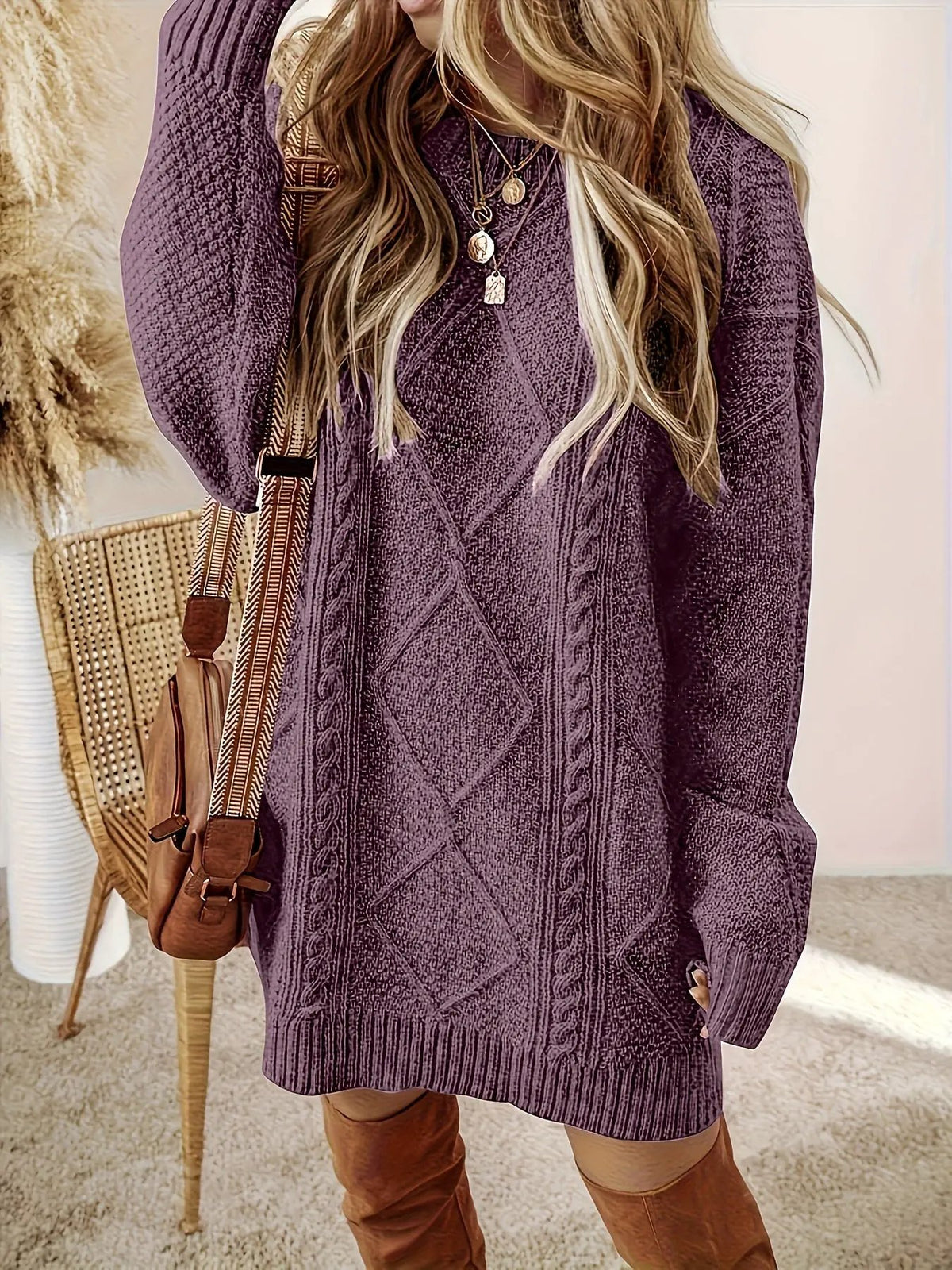 Women's Cable-Knit Sweater Dress - Relaxed Fit-Women's Dresses-Bellmaren-Purple-S-My Store