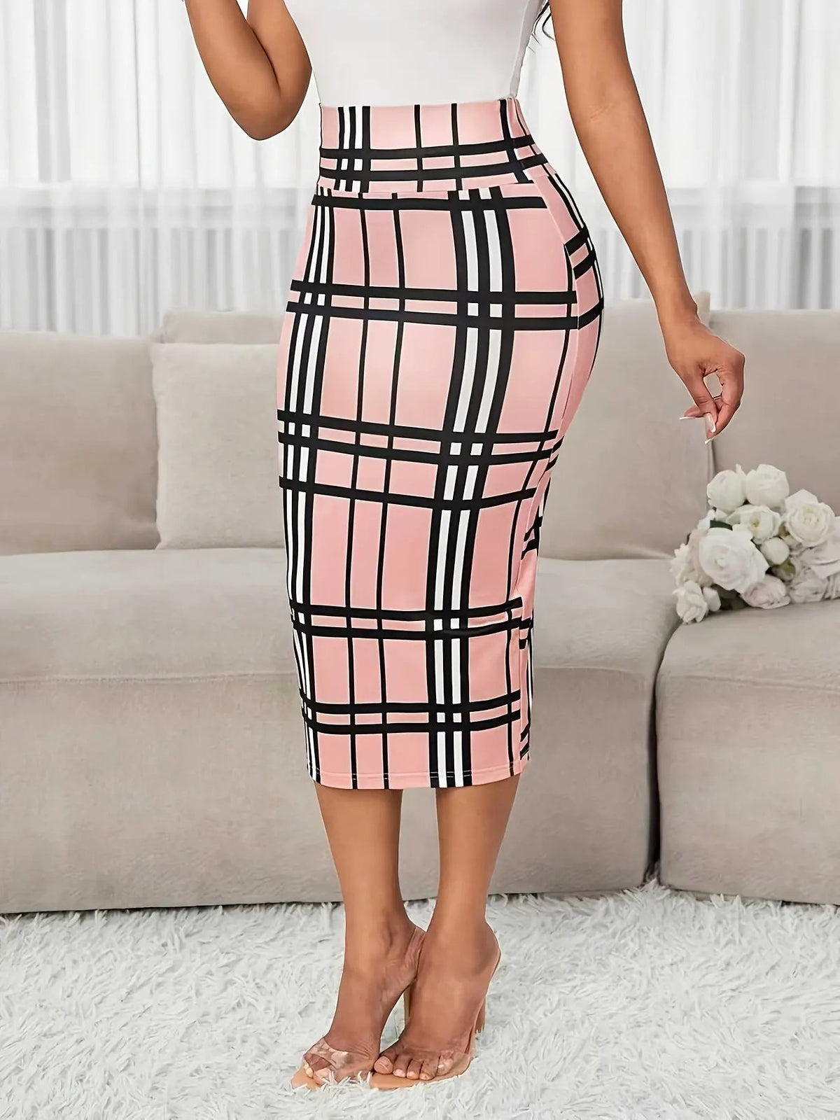 Women's Plaid Pencil Skirt - Tailored Stretch Fit-Women's Skirts-Bellmaren-White-XS-My Store