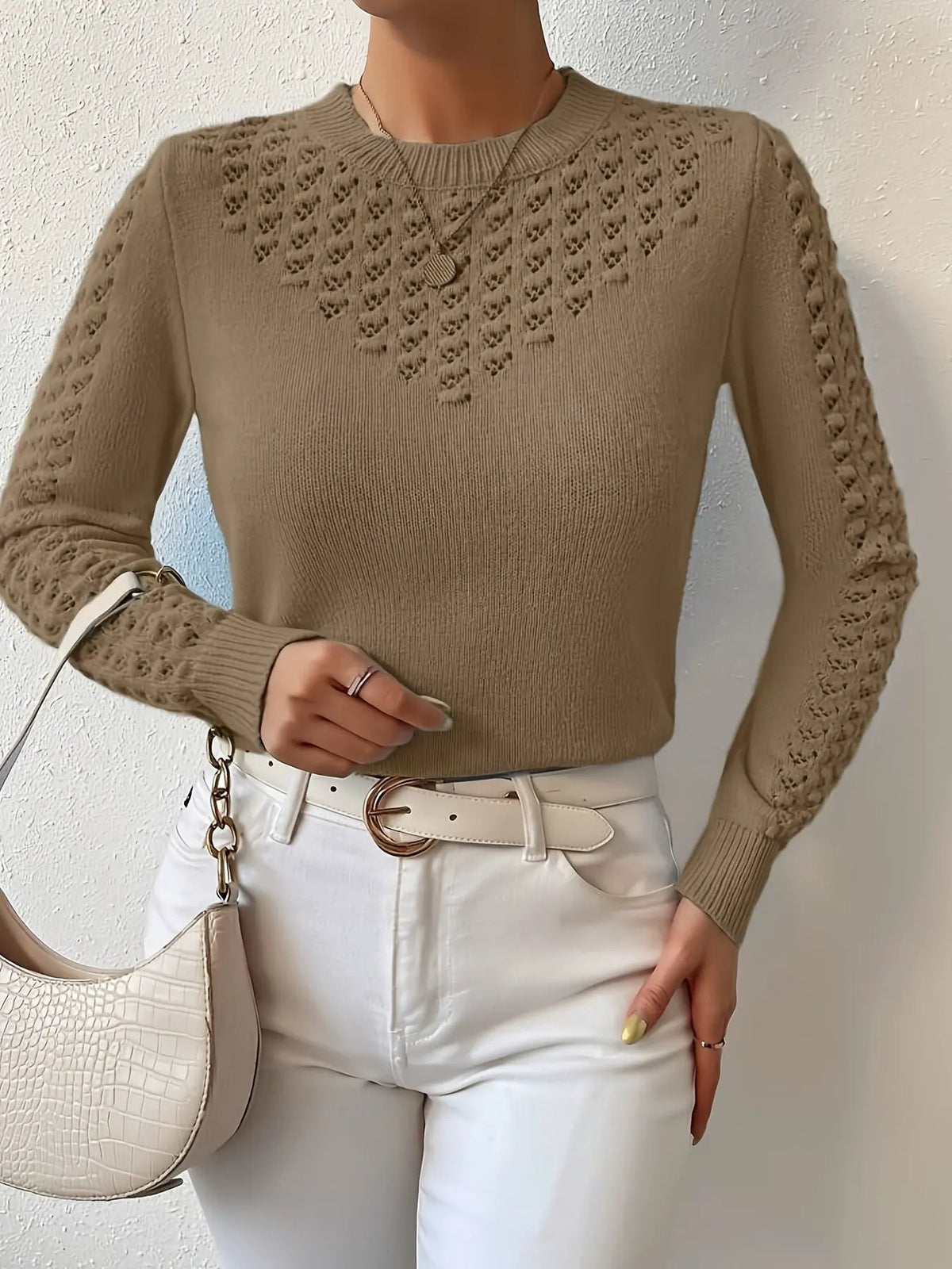 Women's Pointelle Knit Round Neck Jumper-Women's Sweaters-Bellmaren-Light Blue-XS-My Store