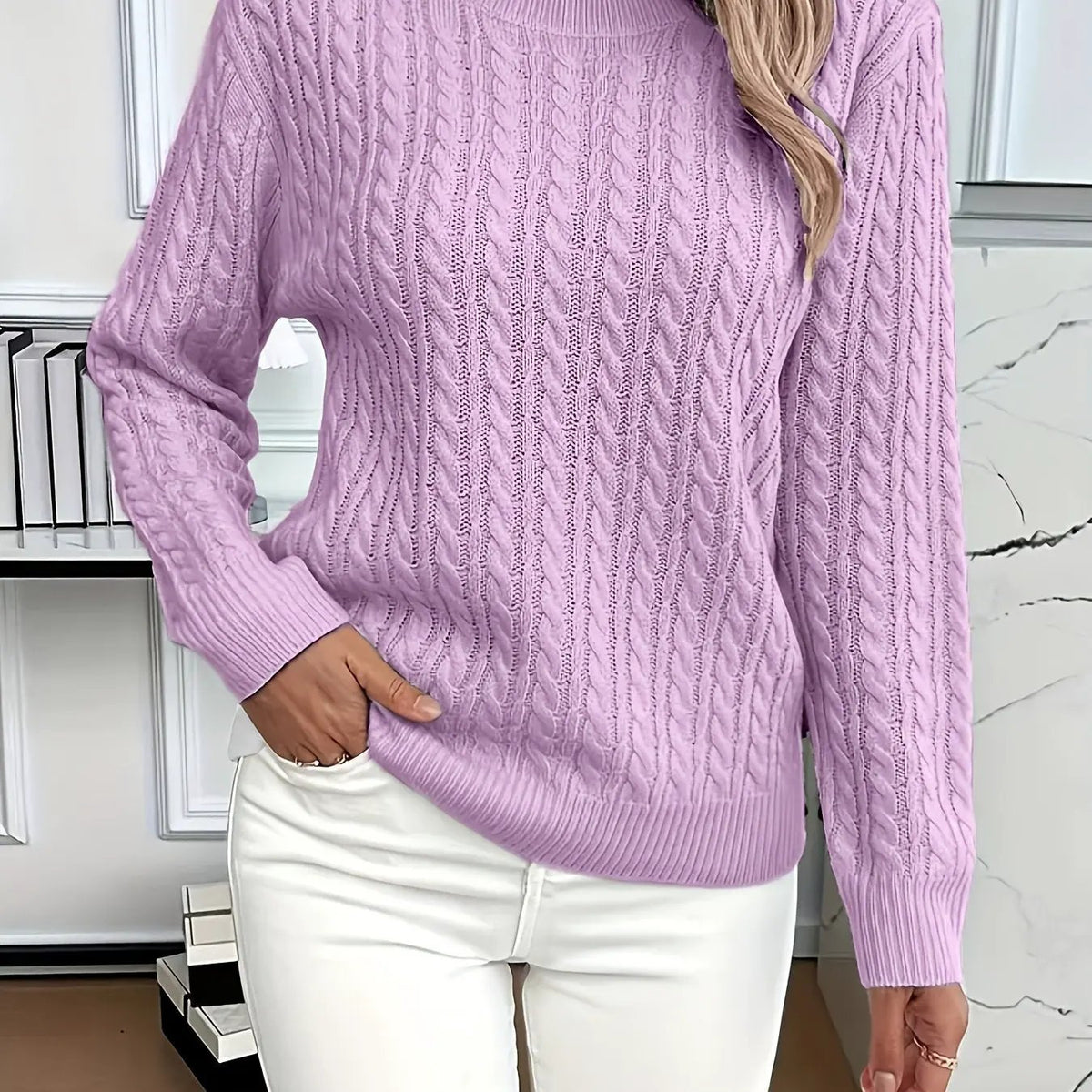 Women's Cable Knit Round Neck Jumper Relaxed Silhouette-Women's Sweaters-Bellmaren-Purple-S-My Store