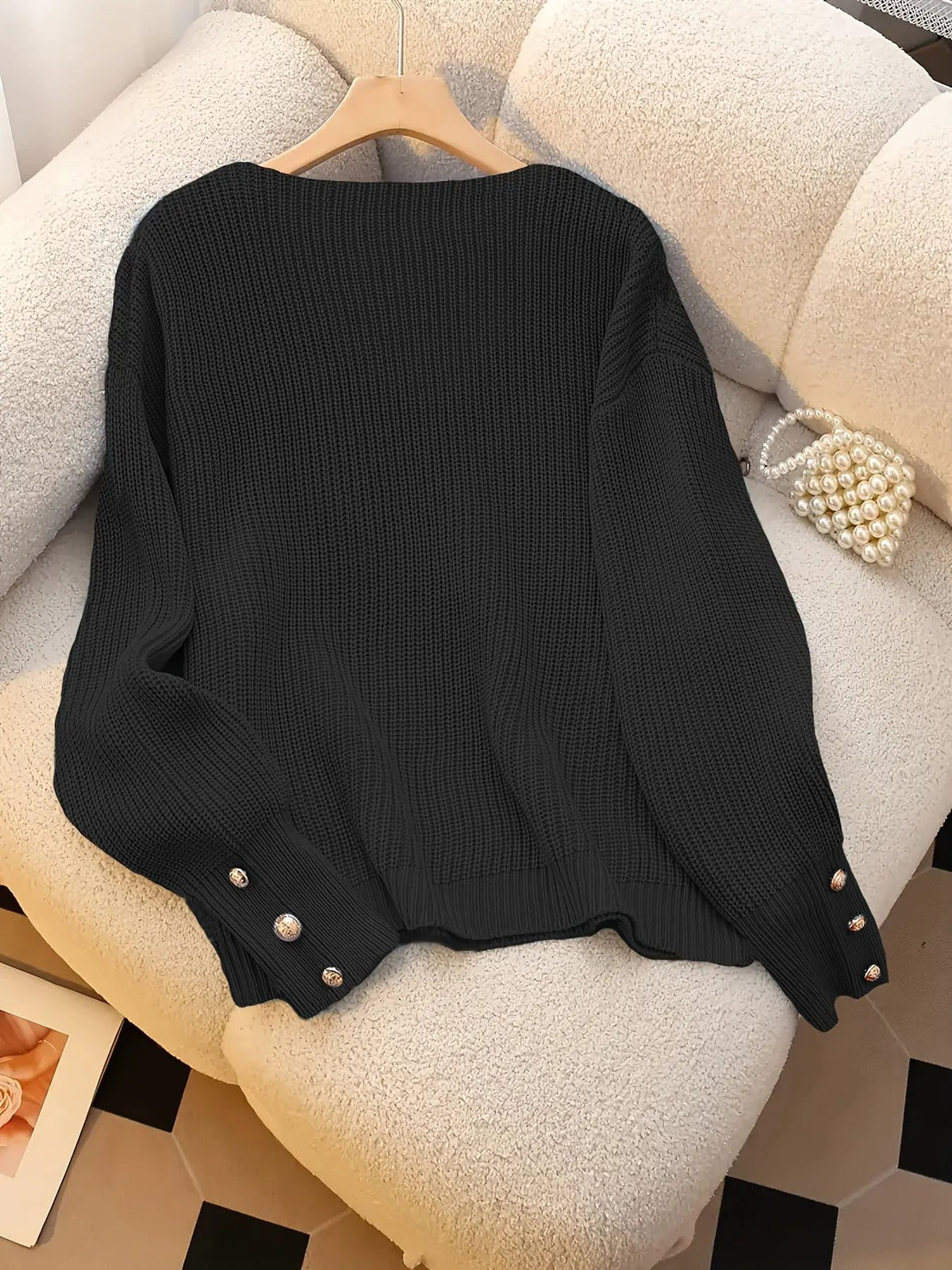 Women's Ribbed V-Neck Sweater with Button Cuffs by Bellmaren