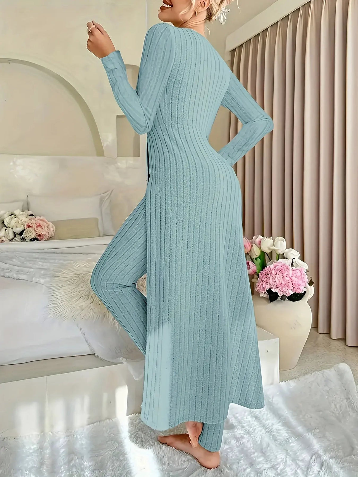Women's Ribbed Loungewear Tunic and Wide Leg Trouser Set-Women's Loungewear Sets-Bellmaren-Sage-S-My Store