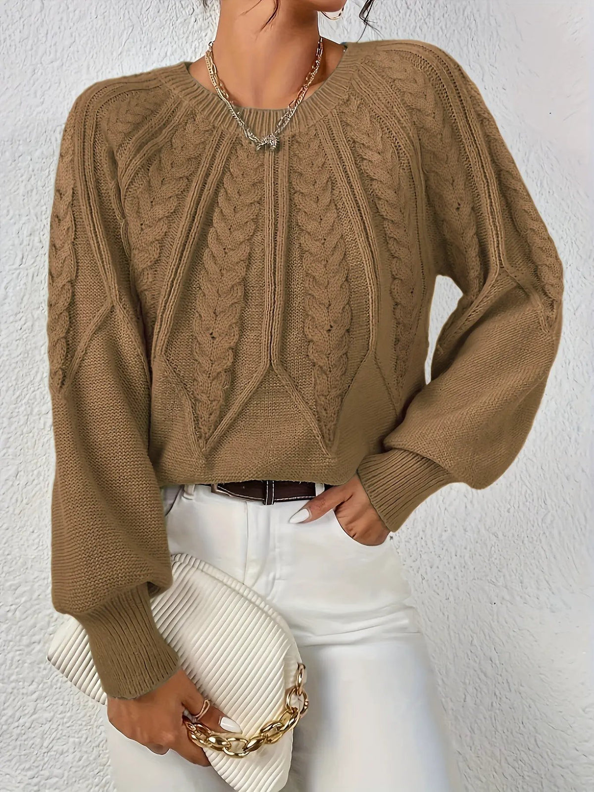 Women's Cable Knit Round Neck Sweater with Raglan Sleeves-Women's Sweaters-Bellmaren-Matcha-S-My Store