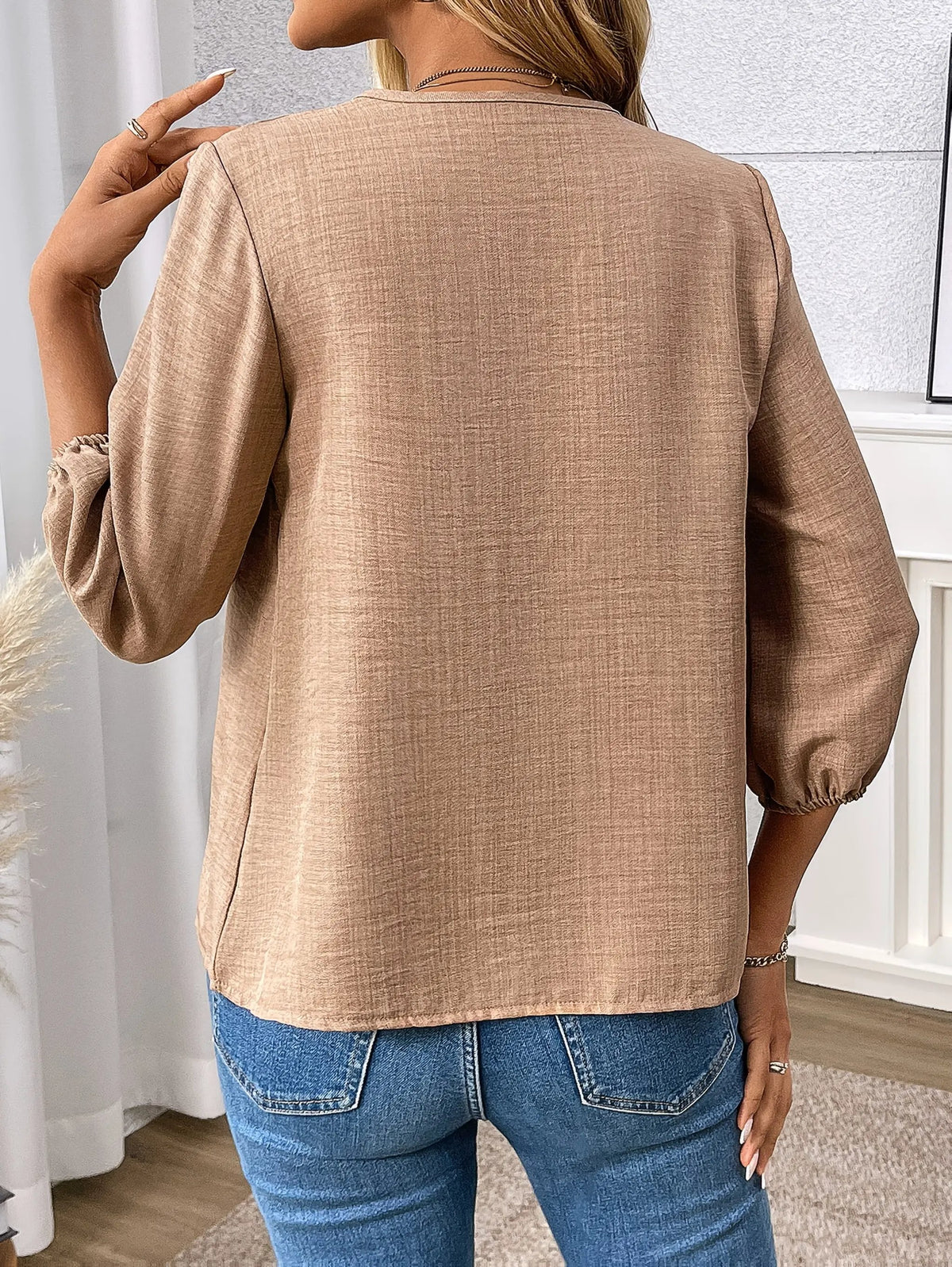 Women's Zip Front V-Neck Relaxed Blouse-Women's Blouses-Bellmaren-Khaki-S-My Store