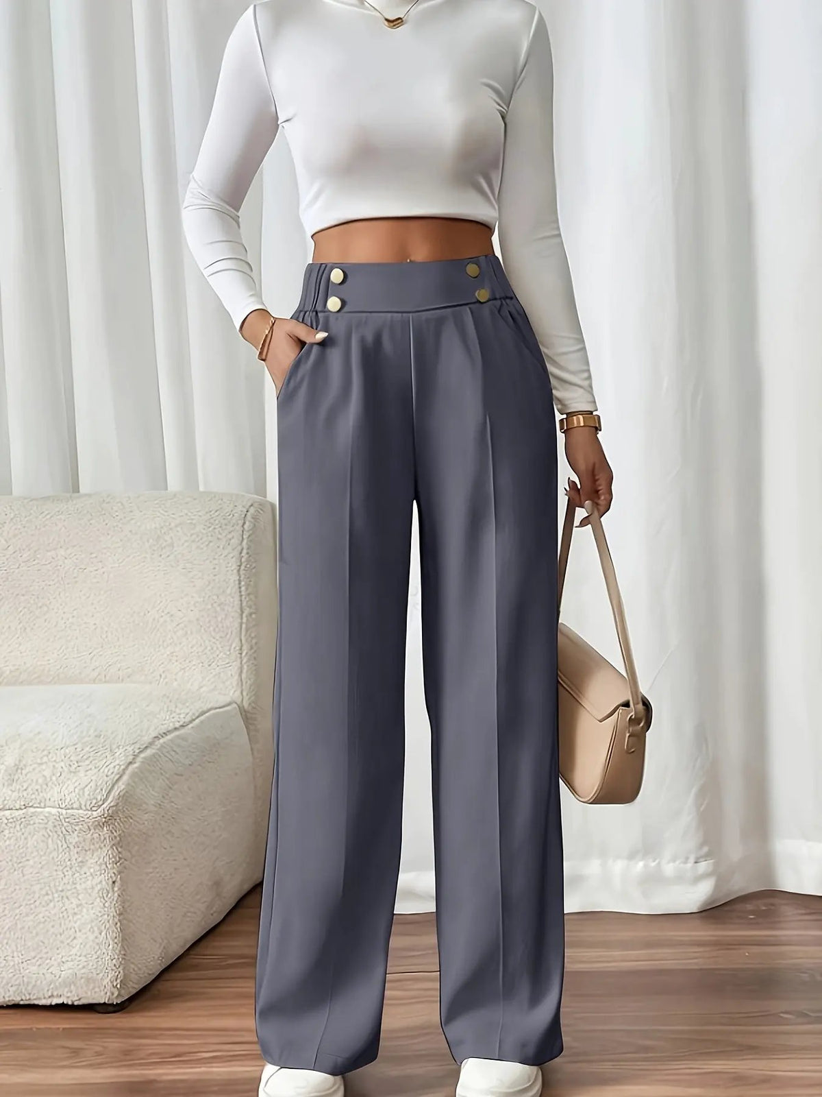 Women's Tailored Wide-Leg Trousers with Elastic High Waist-Women's Trousers-Bellmaren-Apricot-S-My Store