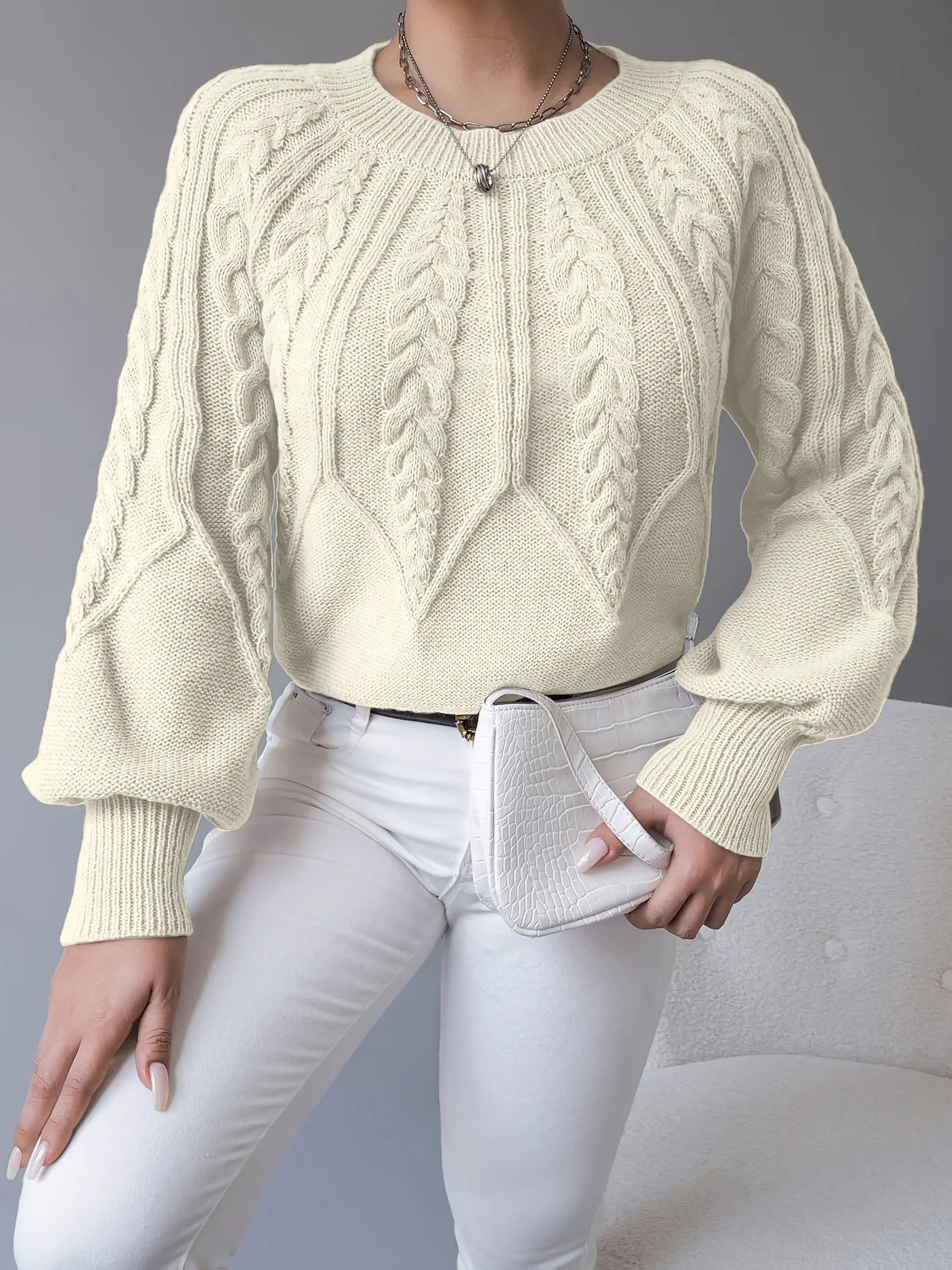 Women's Classic Cable-Knit Lantern-Sleeve Pullover Jumper-Women's Sweaters-Bellmaren-Apricot-S-My Store
