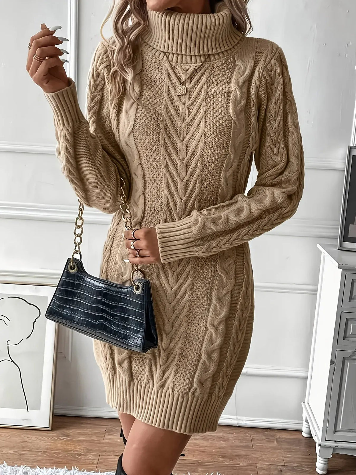 Women's Cable Knit Turtleneck Sweater Dress-Women's Dresses-Bellmaren-Khaki-S-My Store