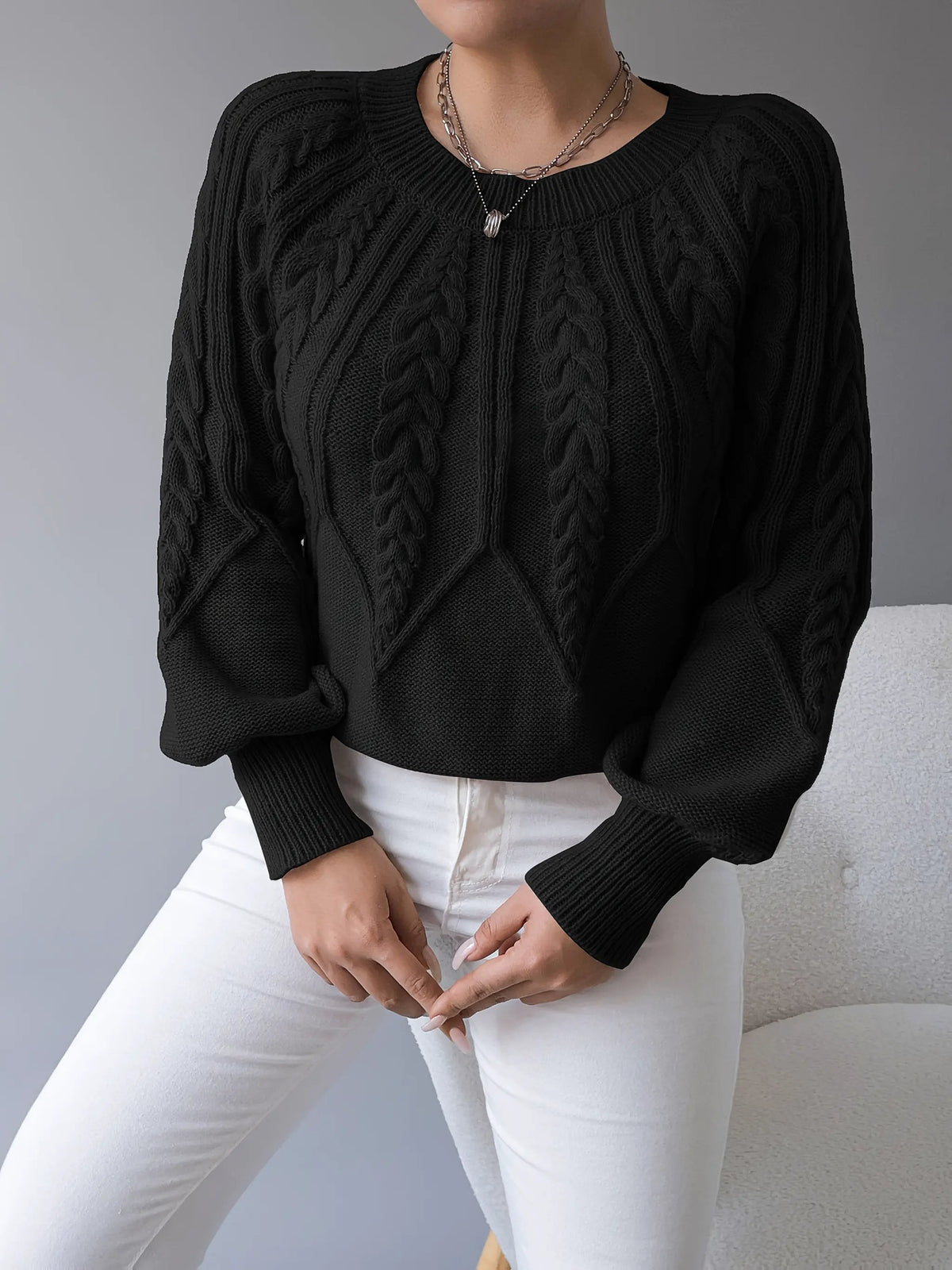 Women's Classic Cable-Knit Lantern-Sleeve Pullover Jumper-Women's Sweaters-Bellmaren-Khaki-S-My Store