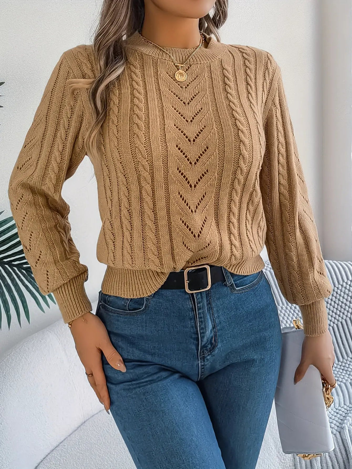 Women's Cable Knit Textured Sweater with Openwork Detailing-Women's Sweaters-Bellmaren-Khaki-S-My Store