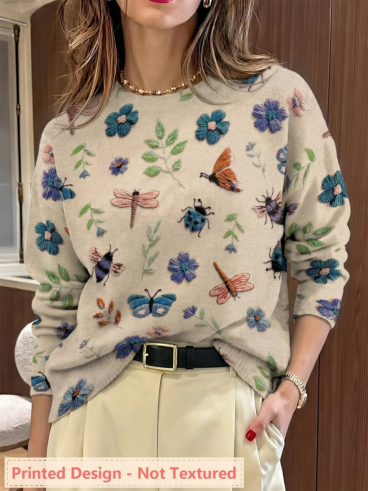 Women's Botanical Print Crew Neck Jumper For Layering by Bellmaren