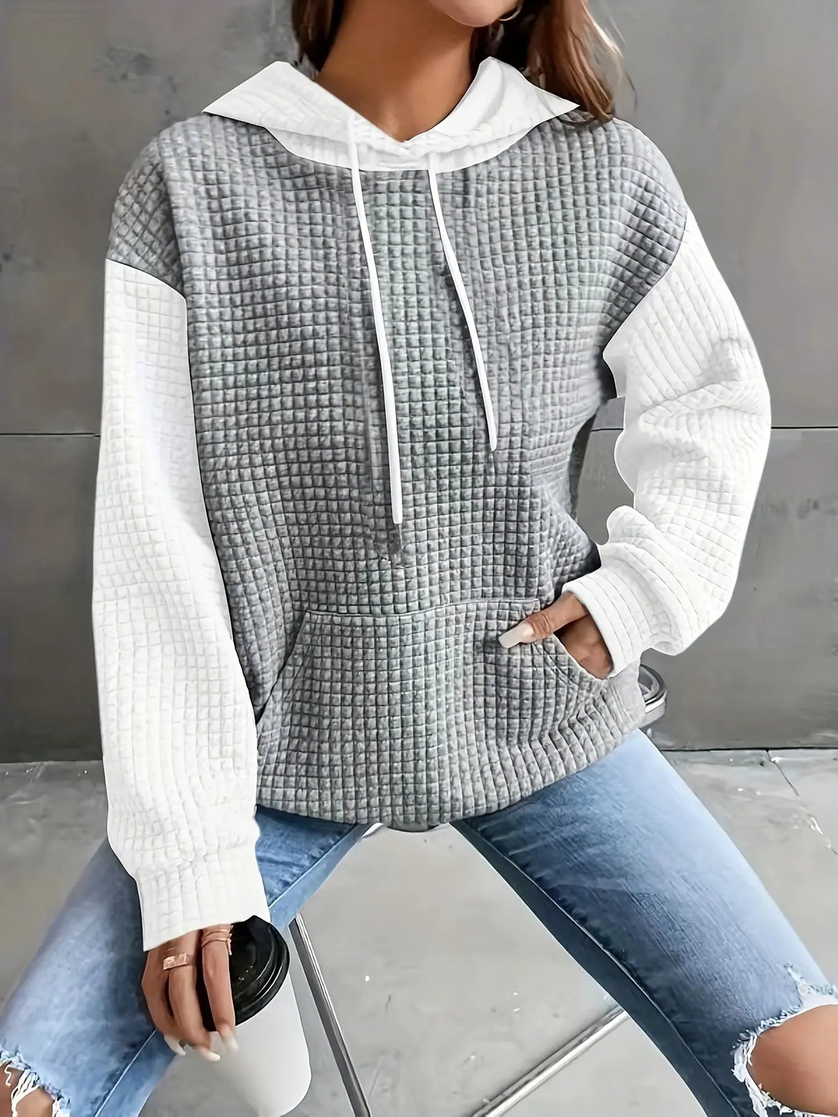 Women's Oversized Waffle-Knit Hoodie with Pouch Pocket-Women's Hoodies-Bellmaren-Grey-S-My Store