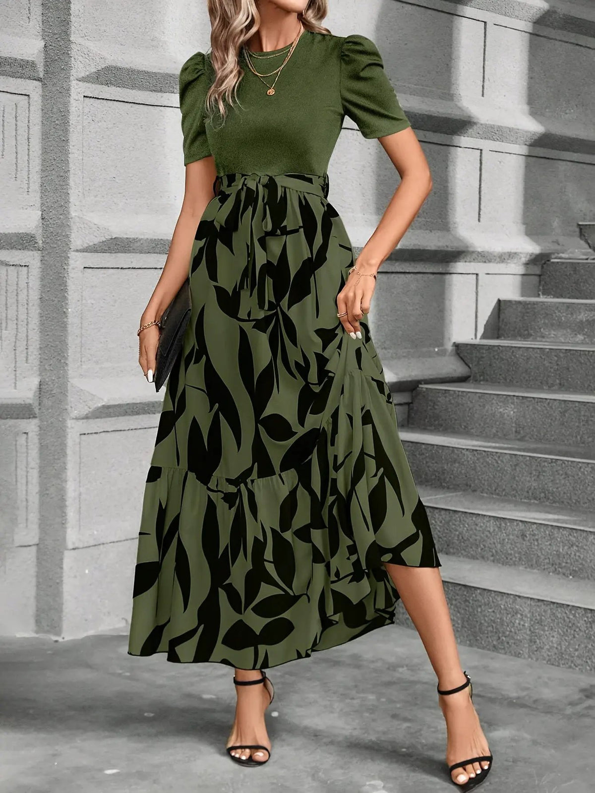 Women's Printed Tiered Maxi Dress with Tie Waist-Women's Dresses-Bellmaren-Green Black-XS-My Store